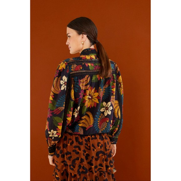 Farm Rio Macaw Ballet Blouse S L XL Ladder-Stitch Neck-Tie Floral Tropical Print - Picture 2 of 7